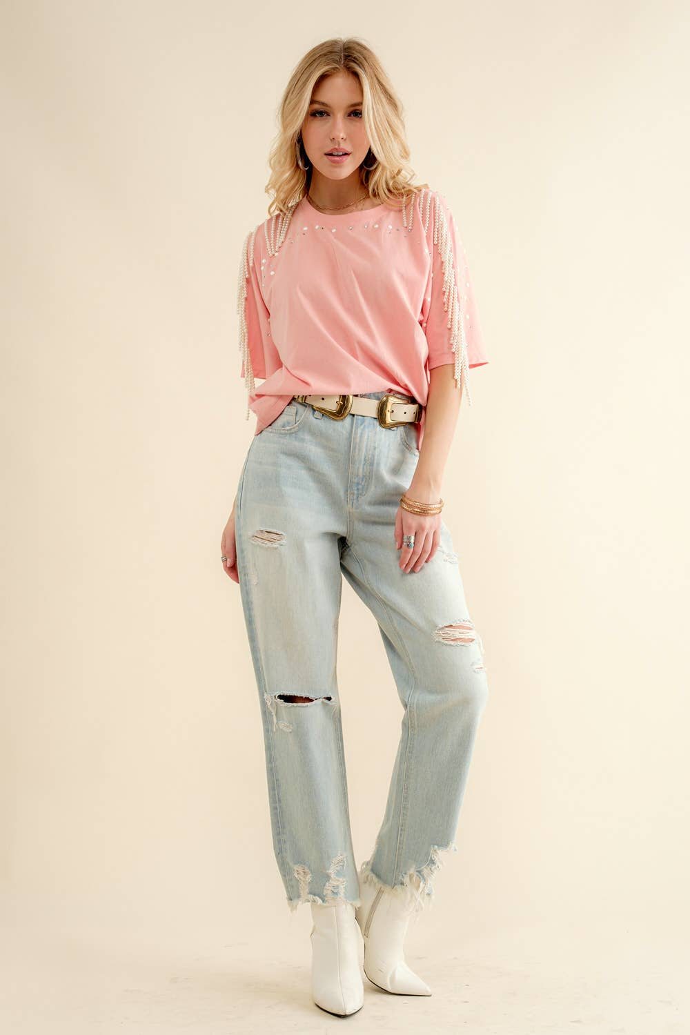 Pearl Fringe Shoulder T Shirt