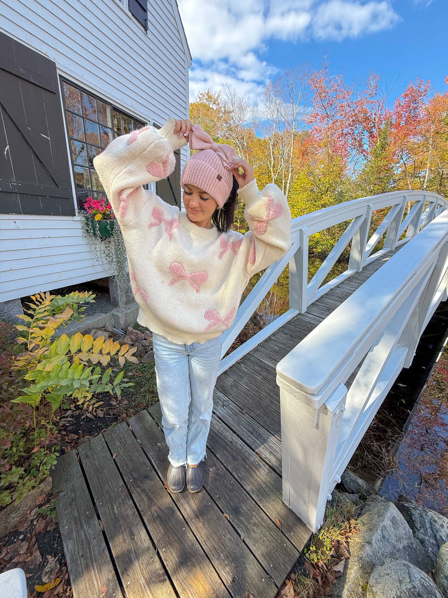 Sequin Bow Messy Bun C.C Beanie: Grey