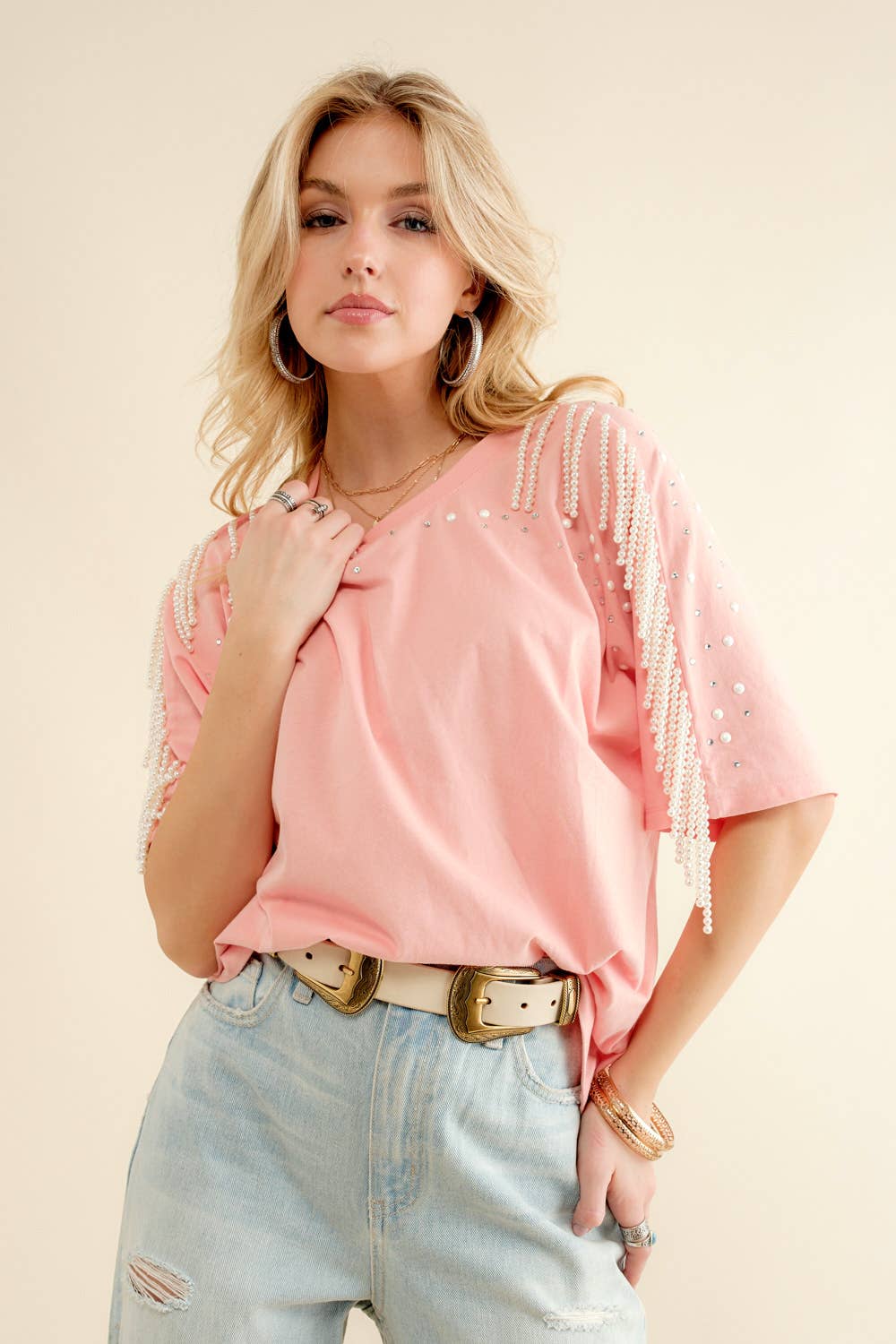 Pearl Fringe Shoulder T Shirt