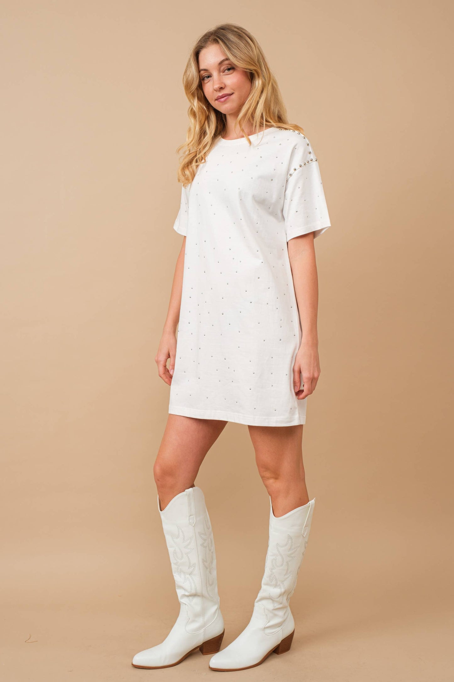 Cotton Jersey Studded Sprinkle Loose T Shirt Dress: WHITE