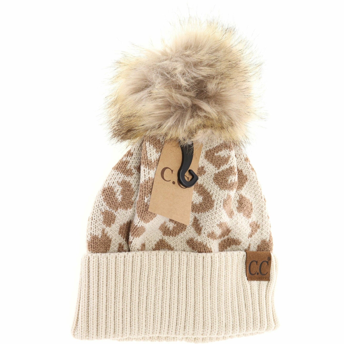 Leopard Pattern Fur Pom Beanie: Beige