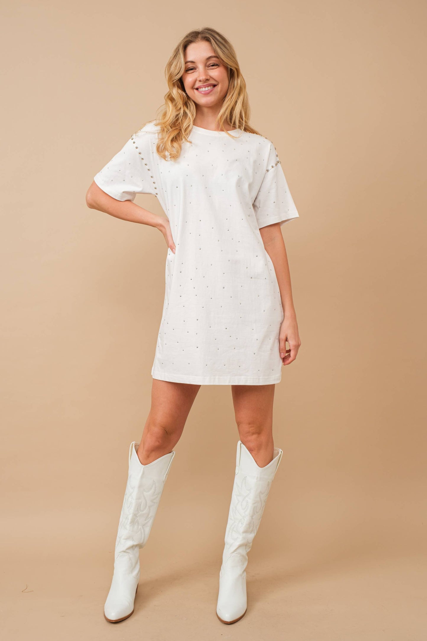 Cotton Jersey Studded Sprinkle Loose T Shirt Dress: WHITE