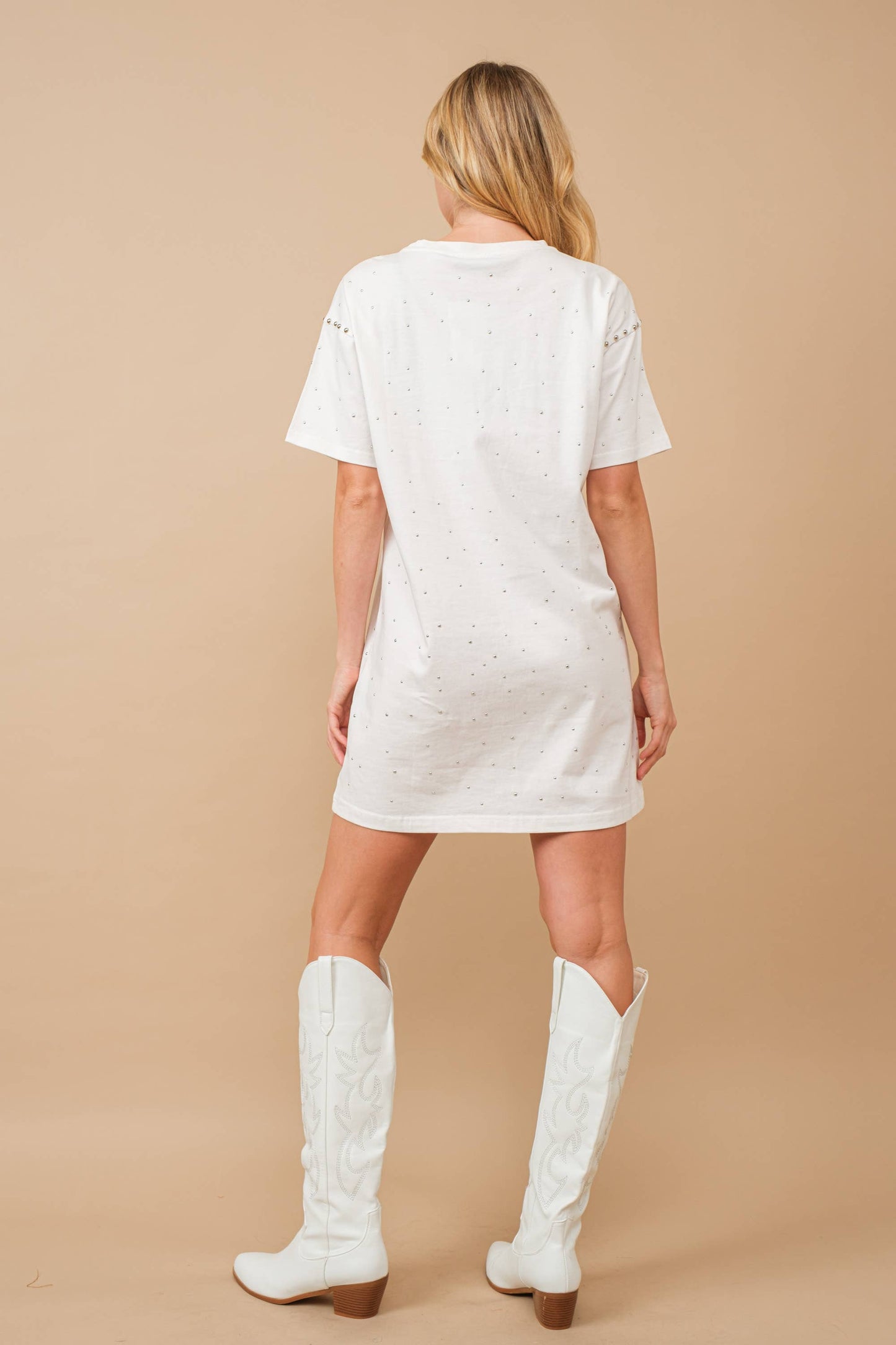 Cotton Jersey Studded Sprinkle Loose T Shirt Dress: WHITE