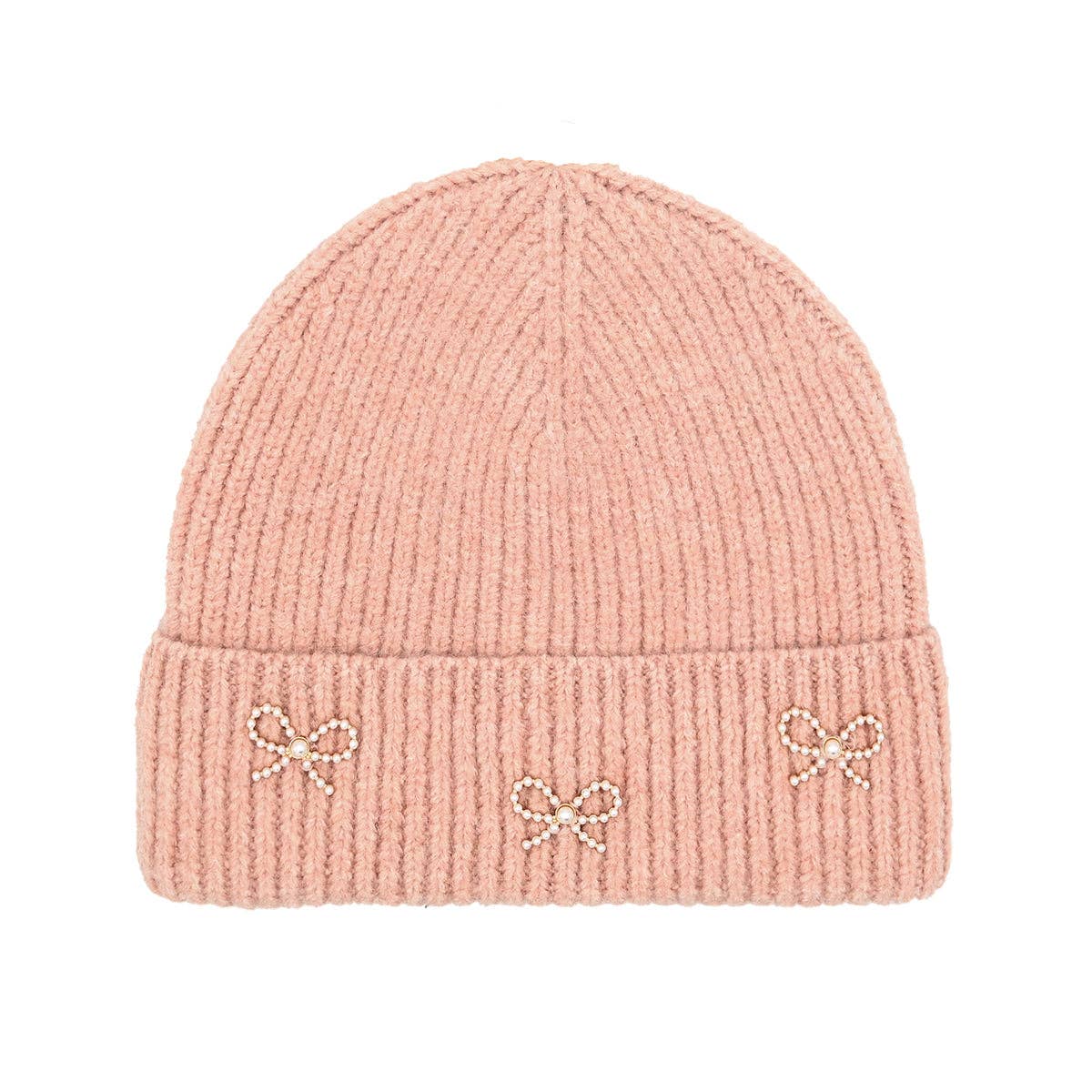 Pearl Bow Embellished Cuff C.C Beanie: Rose