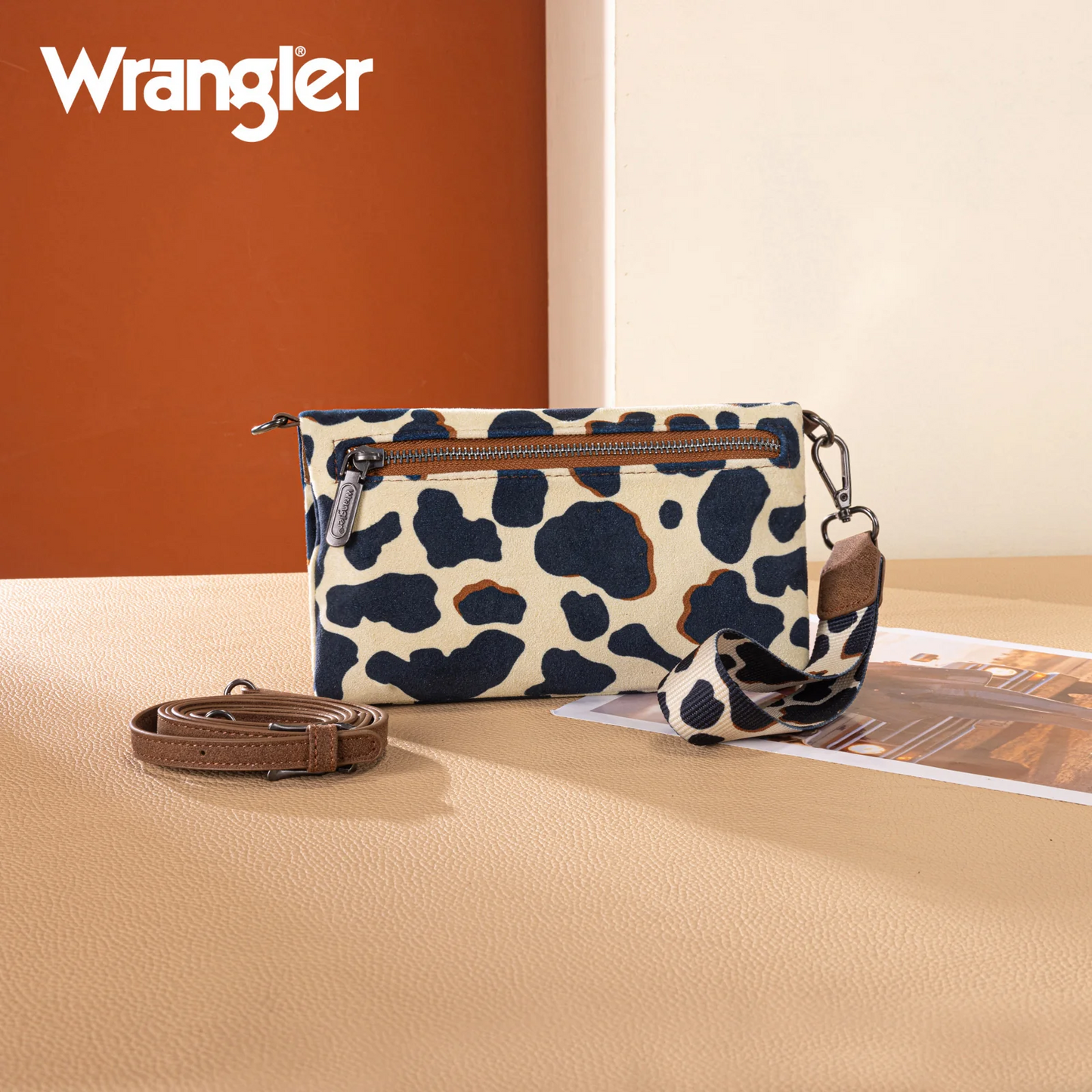 Wrangler Cow Print Wallet/Wristlet/Crossbody - BROWN