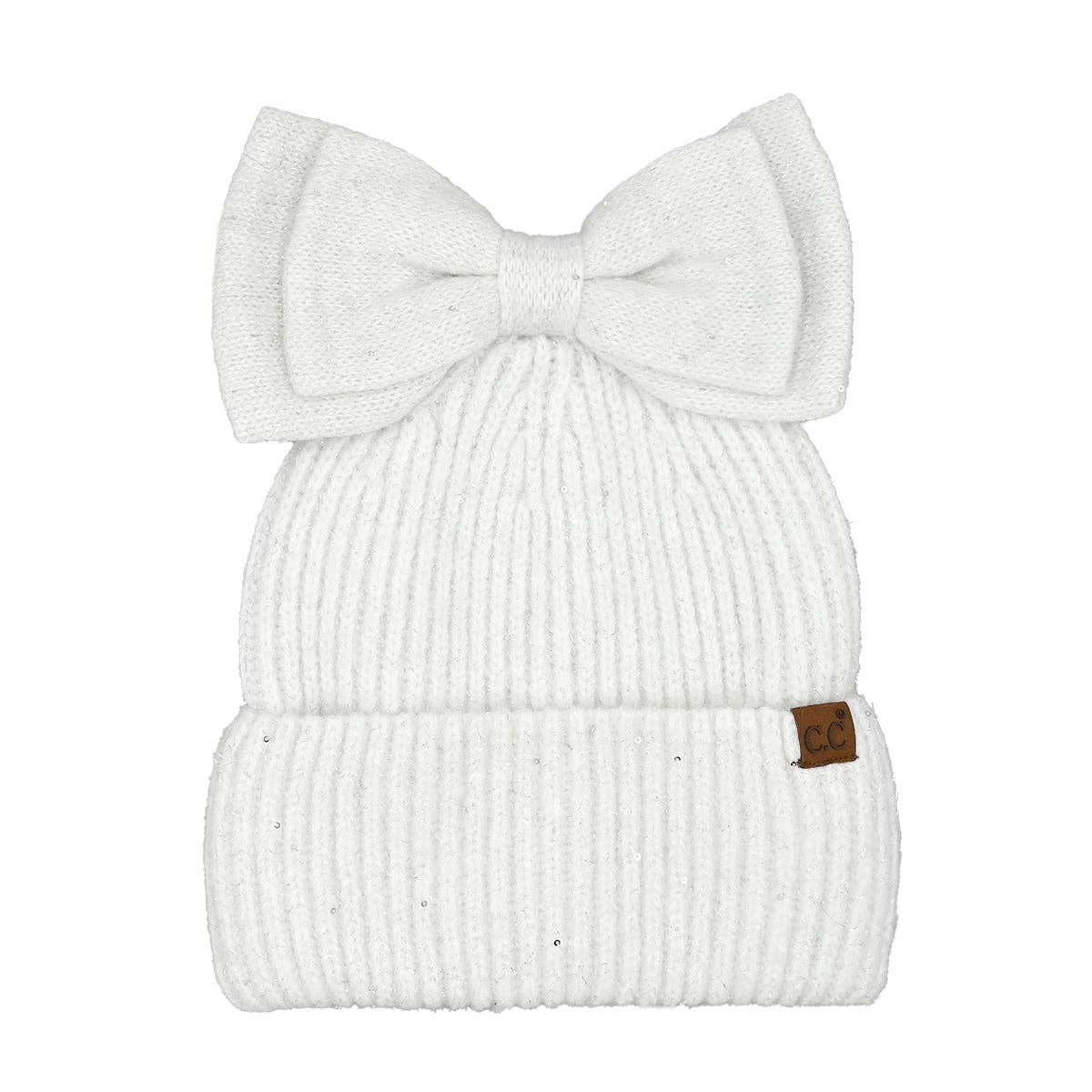 Sequin Bow Messy Bun C.C Beanie: White