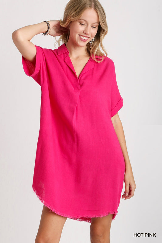 Hot Pink V-Neck Collared Dress