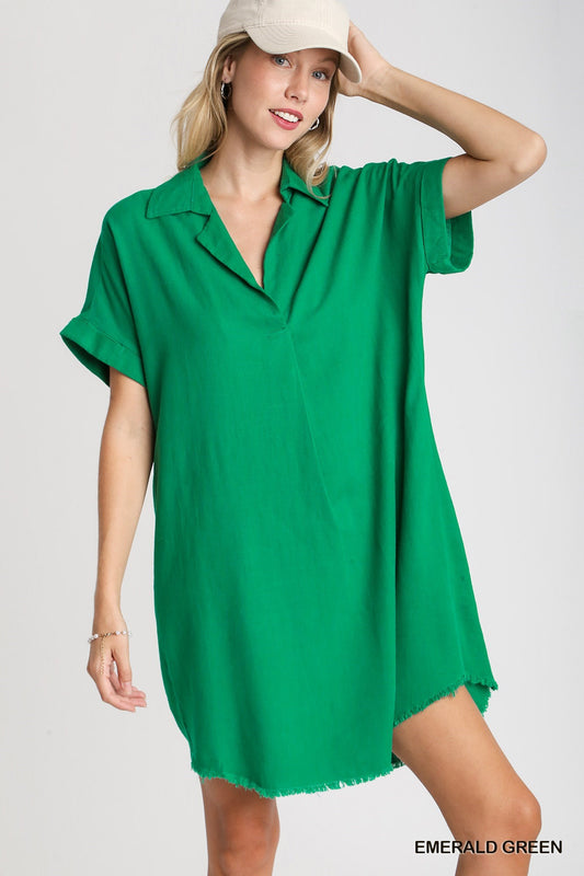 Emerald Green V-Neck Collared Dress