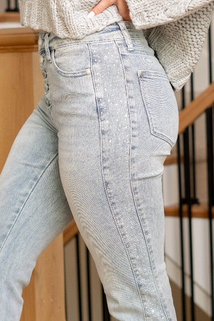 Judy Blue Rhinestones & Denim Mid Rise Buttom Up Flare Regular