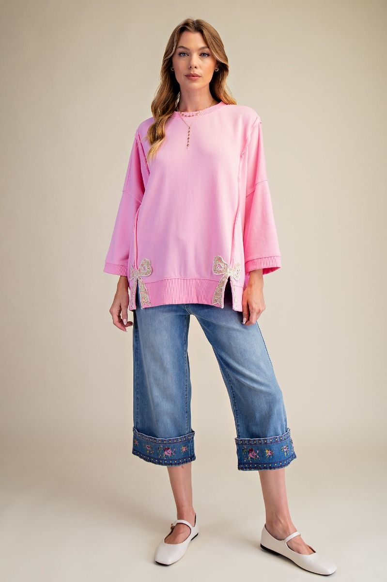 Pink Floral Bow Hem Pullover