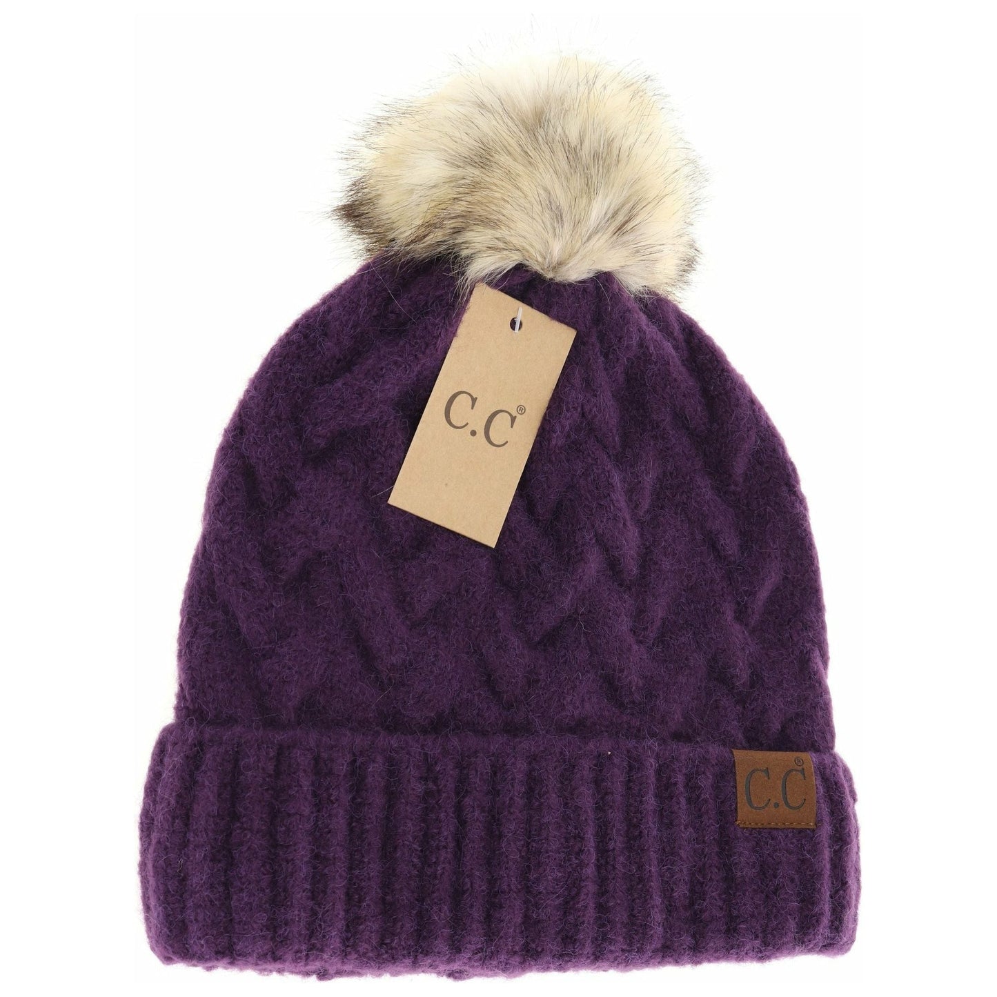 Chunky Braided Cable Knit Fur Pom C.C Beanie Purple
