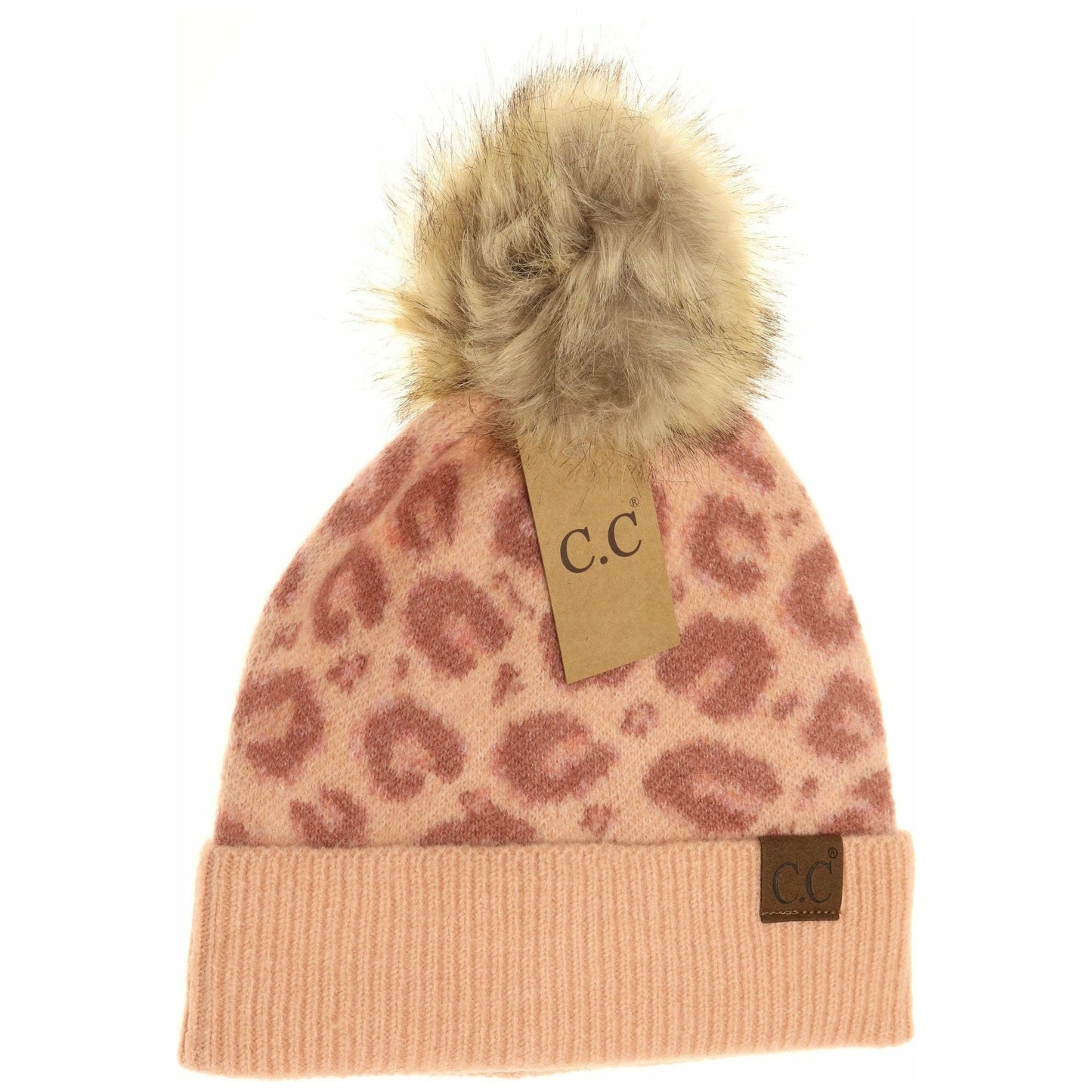 Leopard Pattern Faux Fur Pom Beanie Blush