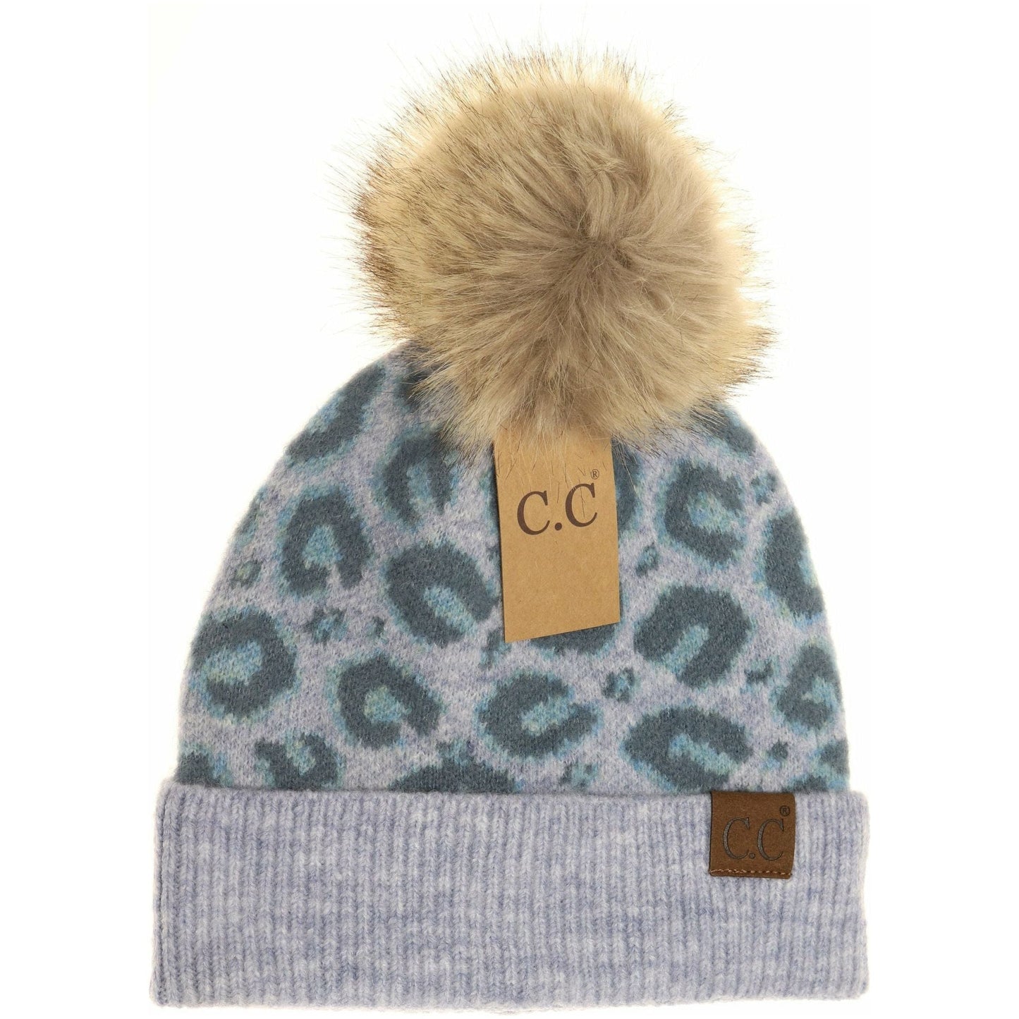 Leopard Pattern Faux Fur Pom Beanie: Ice Blush