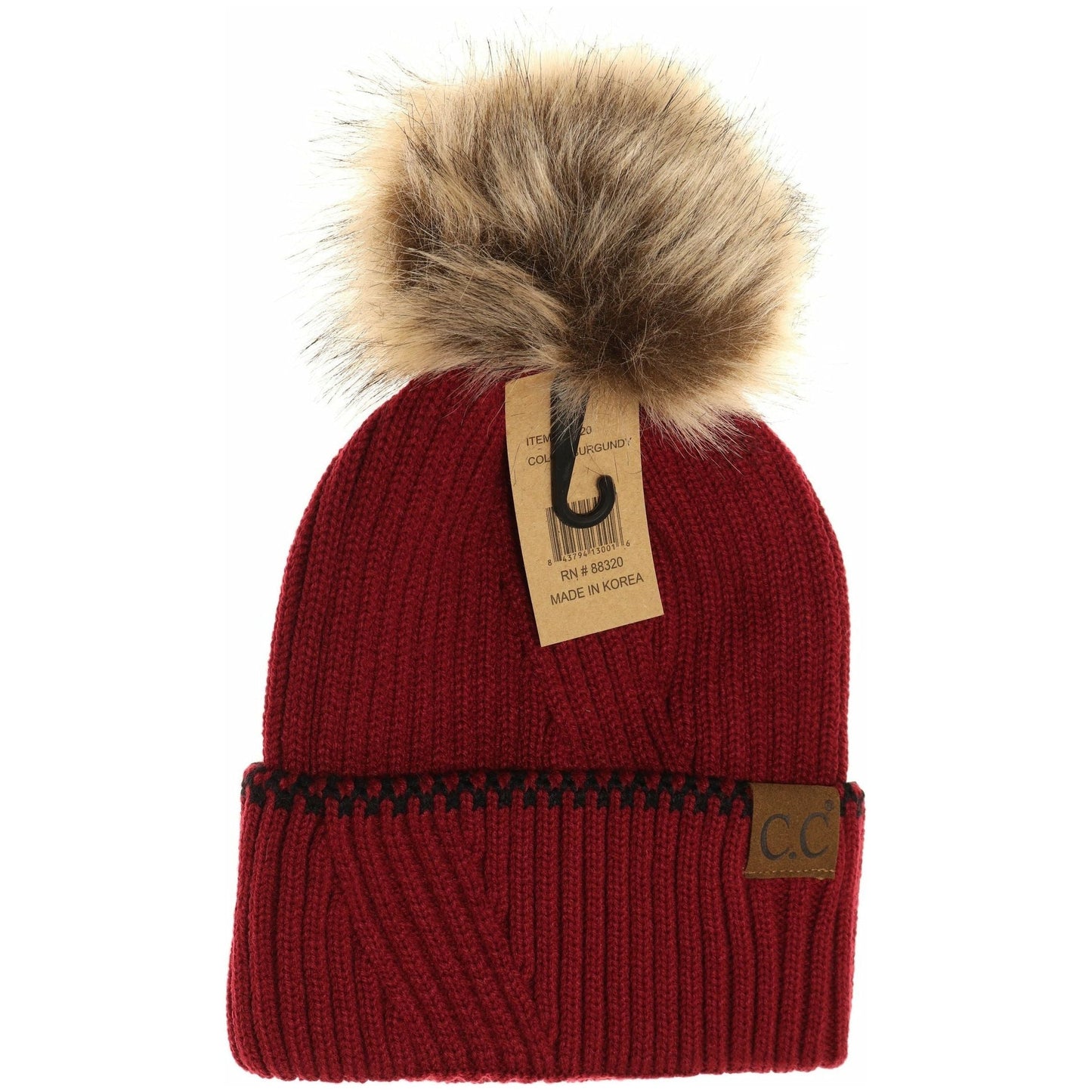 Ribbed Knit Beanie with Accented Cuff: Burgundy
