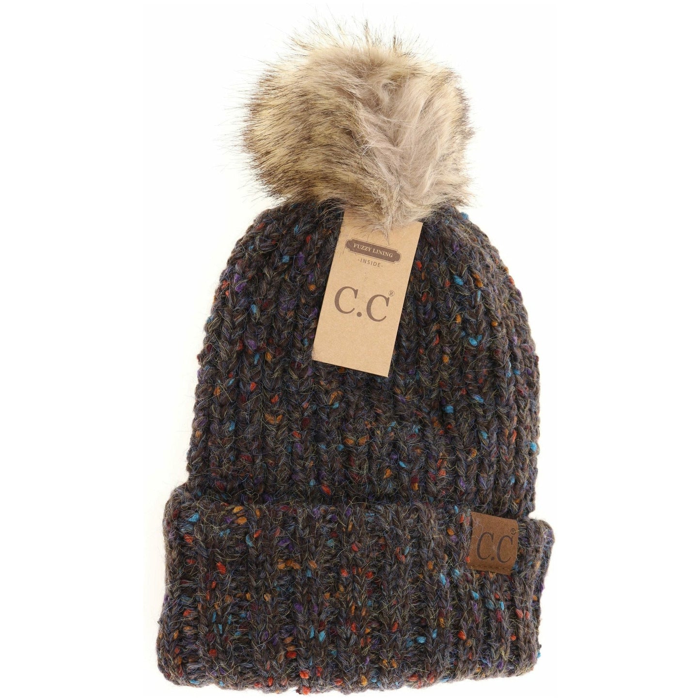 Confetti Mohair Ribbed Fur Pom C.C Beanie: Brown