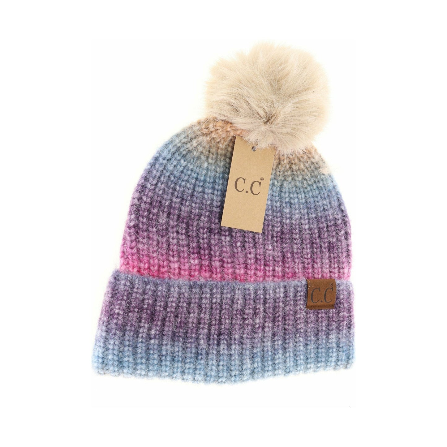 Multicolored Ombre Fur Pom C.C Beanie Berry Multi