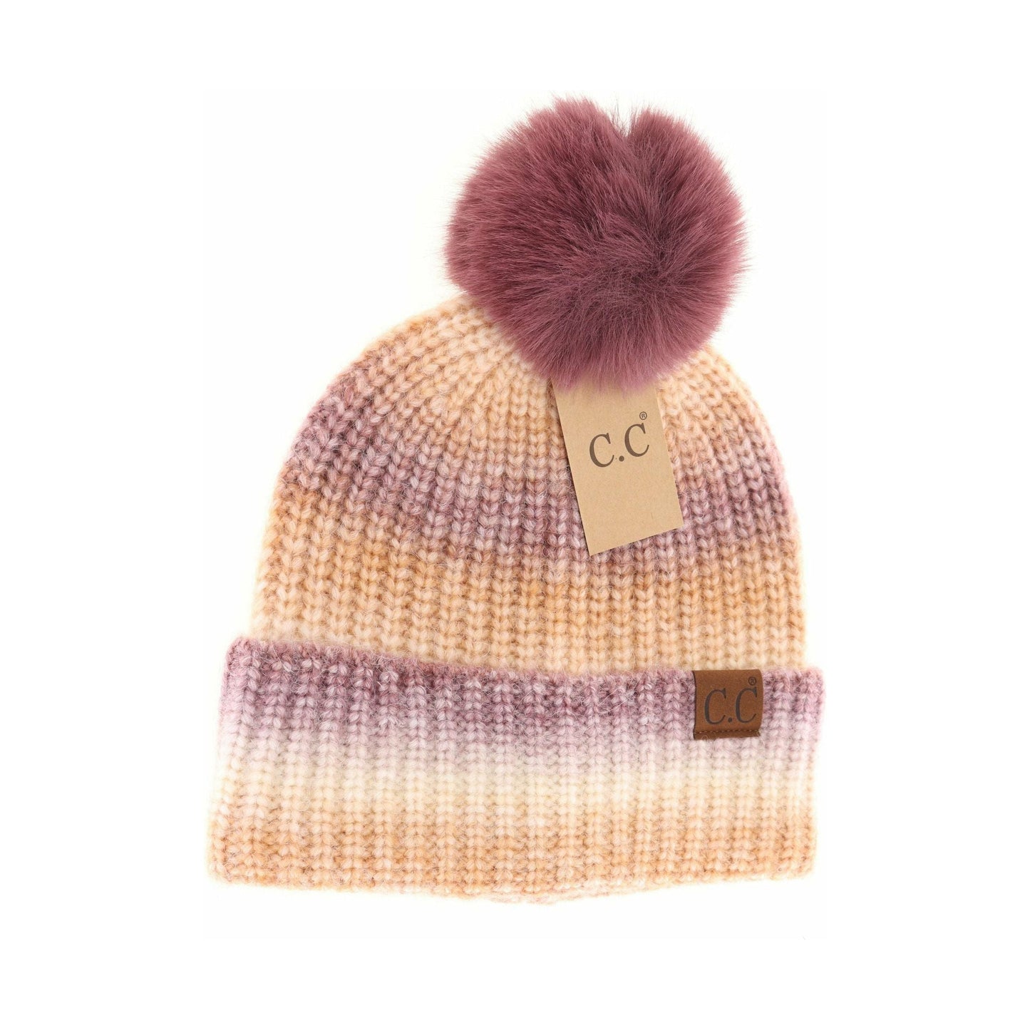 Multicolored Ombre Fur Pom C.C Beanie: Ginger Brown Multi