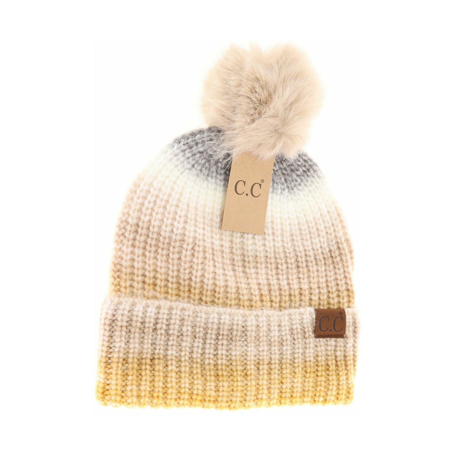 Multicolored Ombre Fur Pom C.C Beanie: Mustard Multi