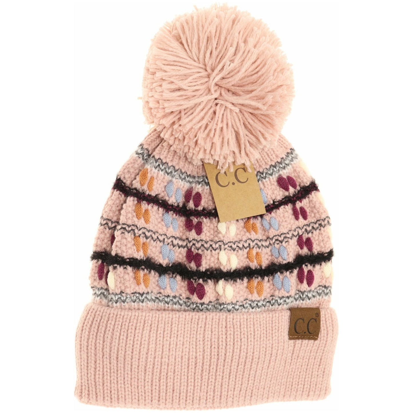 Vintage Knit Yarn Pom Beanie Rose