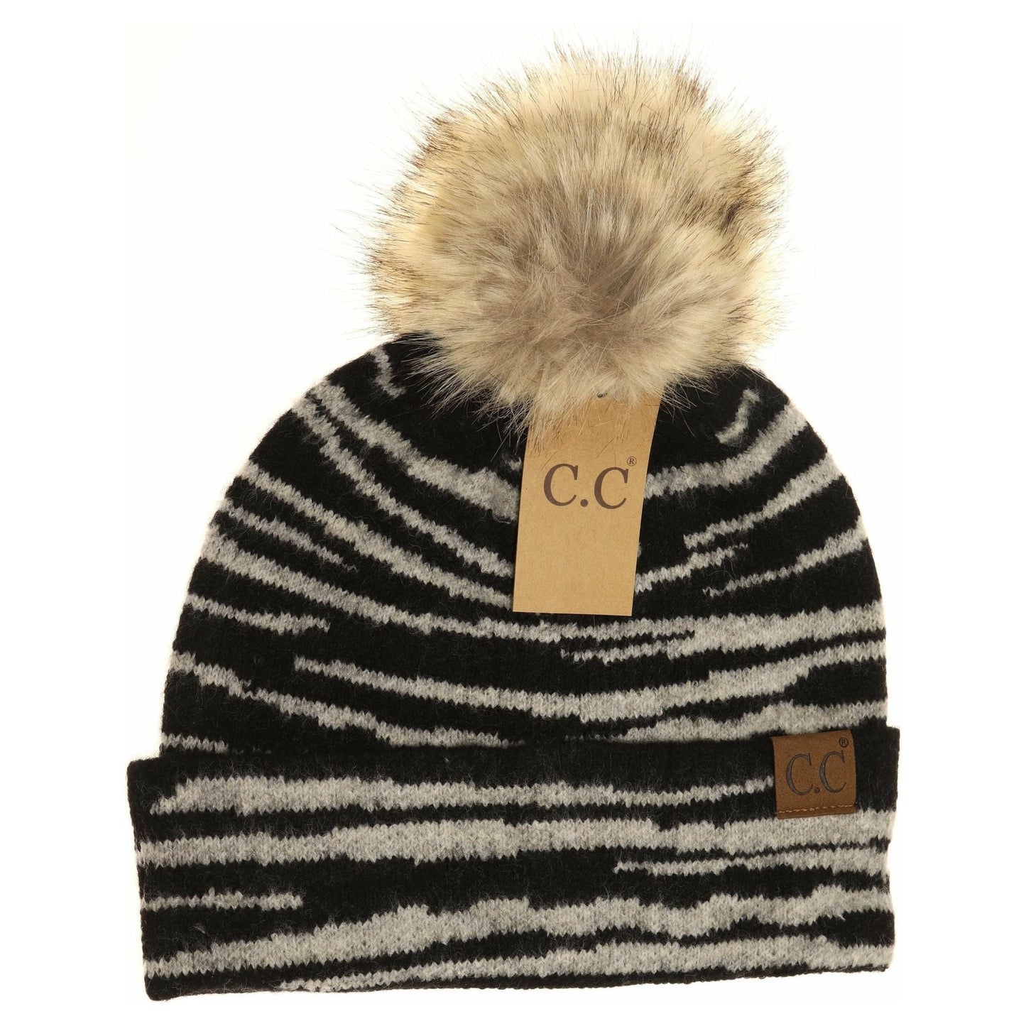Zebra Pattern Faux Fur Pom Beanie HAT3607: Black