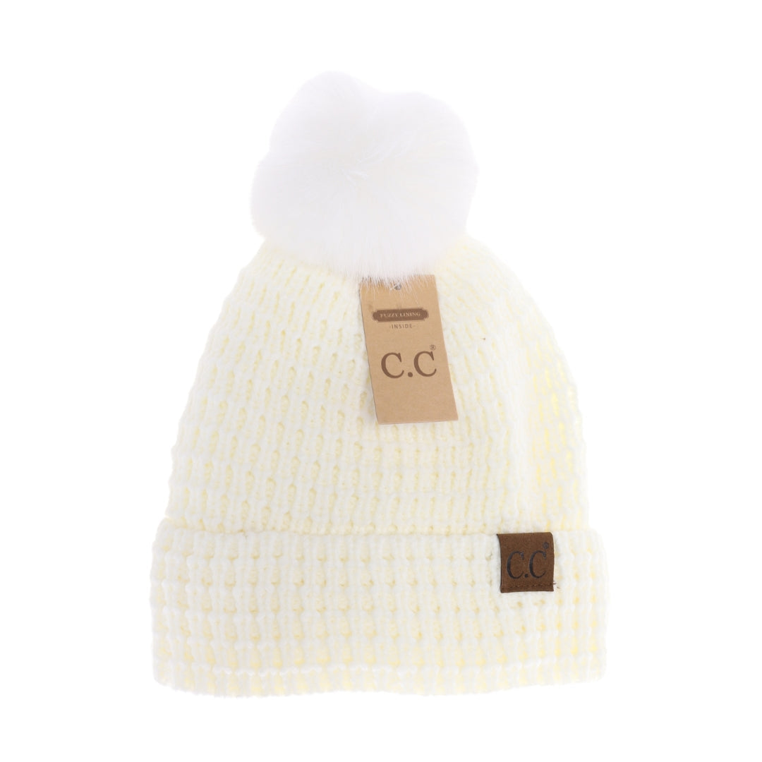 Waffle Knit Faux Fur Pom C.C Beanie Ivory