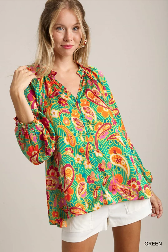 Satin Paisley Ruffle Neck Tie Blouse