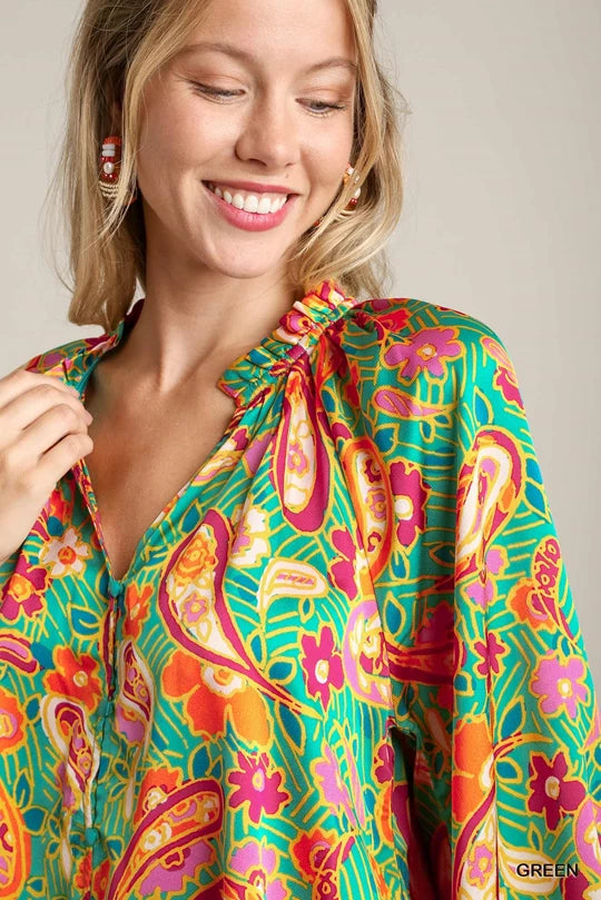 Satin Paisley Ruffle Neck Tie Blouse