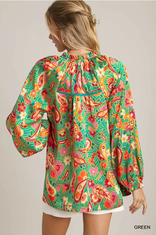 Satin Paisley Ruffle Neck Tie Blouse