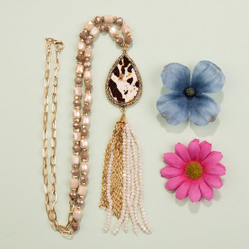 Animal Print Beaded Tassel Necklace - Beige