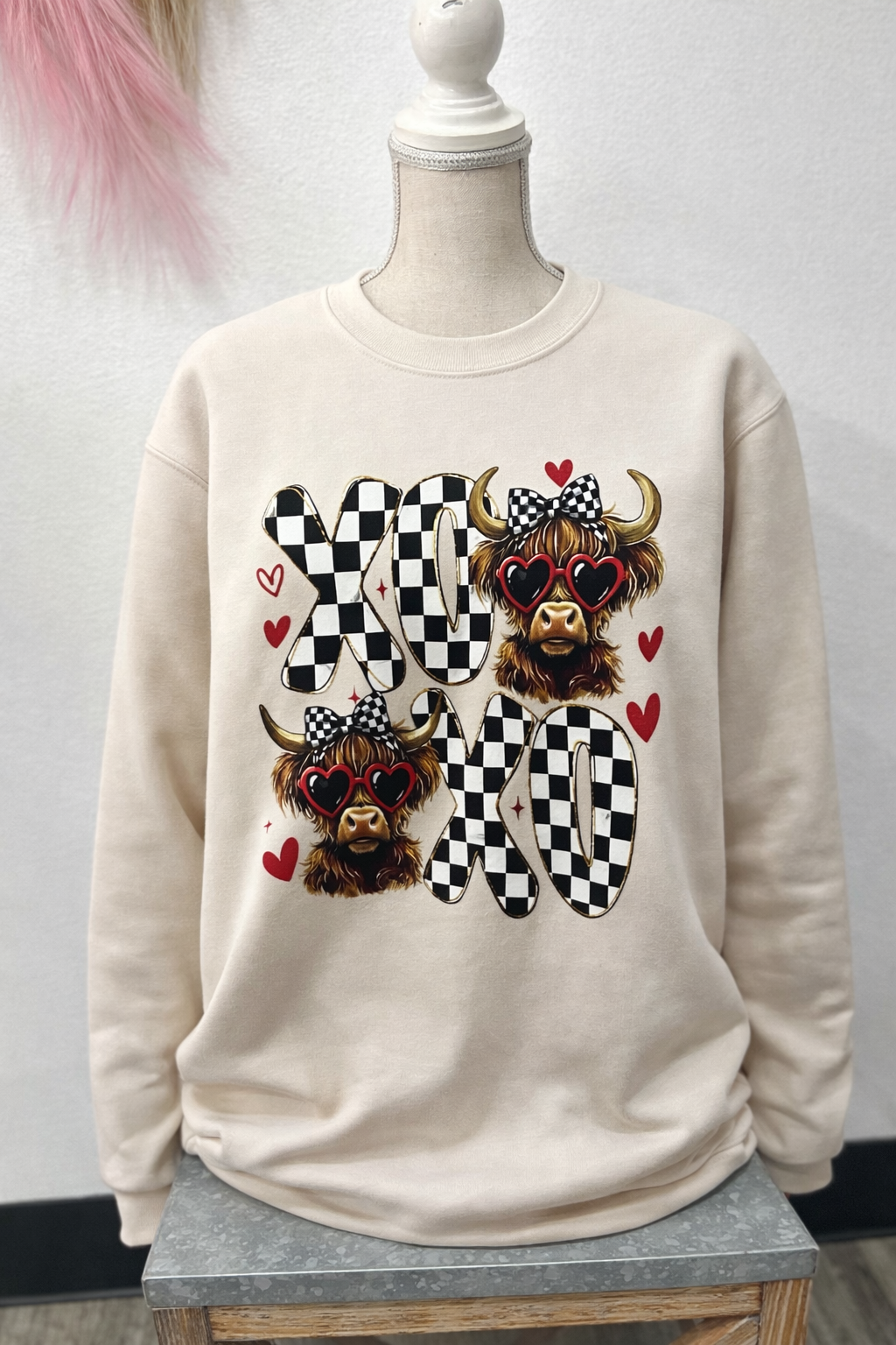 Checkered XO Highland Cow Pullover