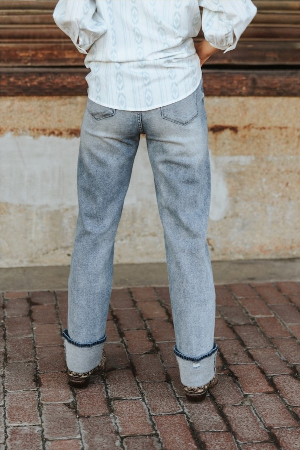 L & B Vintage Stone Wash High Rise Distressed Cuffed Boyfriend Jeans