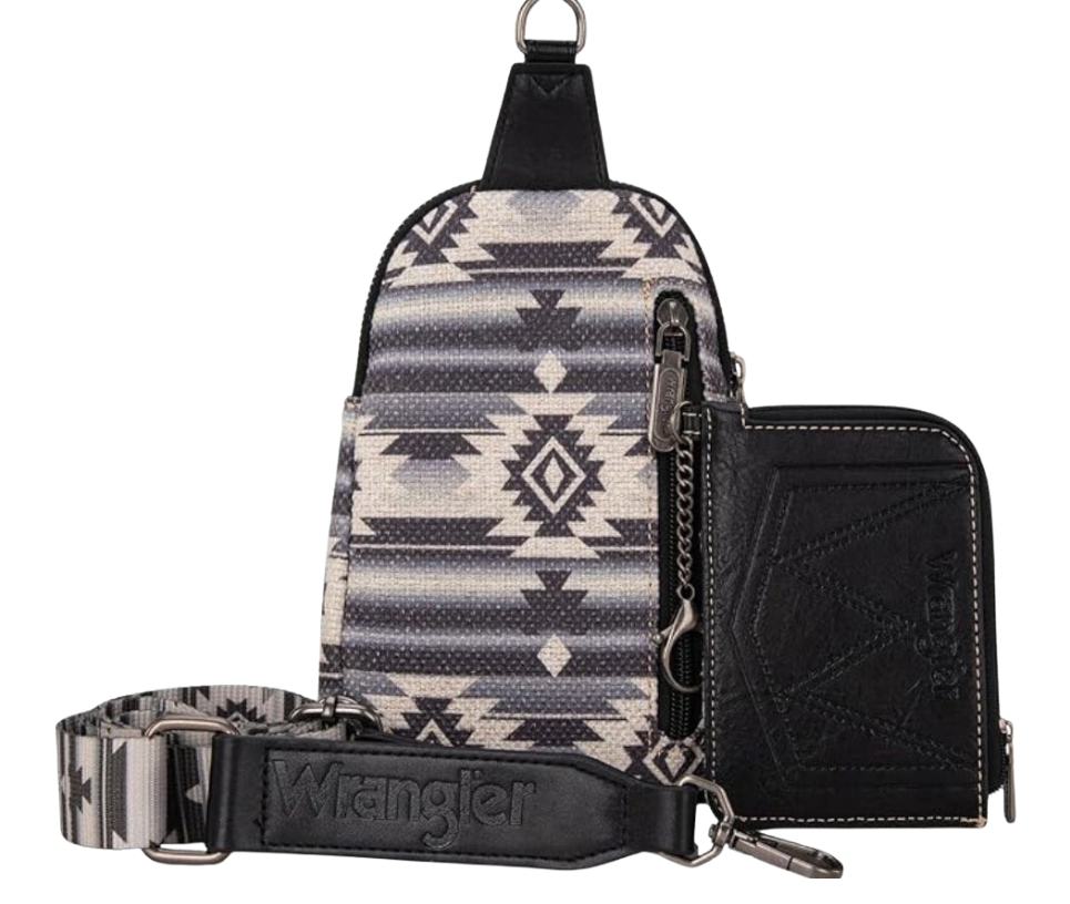 Wrangler Aztec Crossbody Sling Chest Bag With Zip Card Holder Set - Black