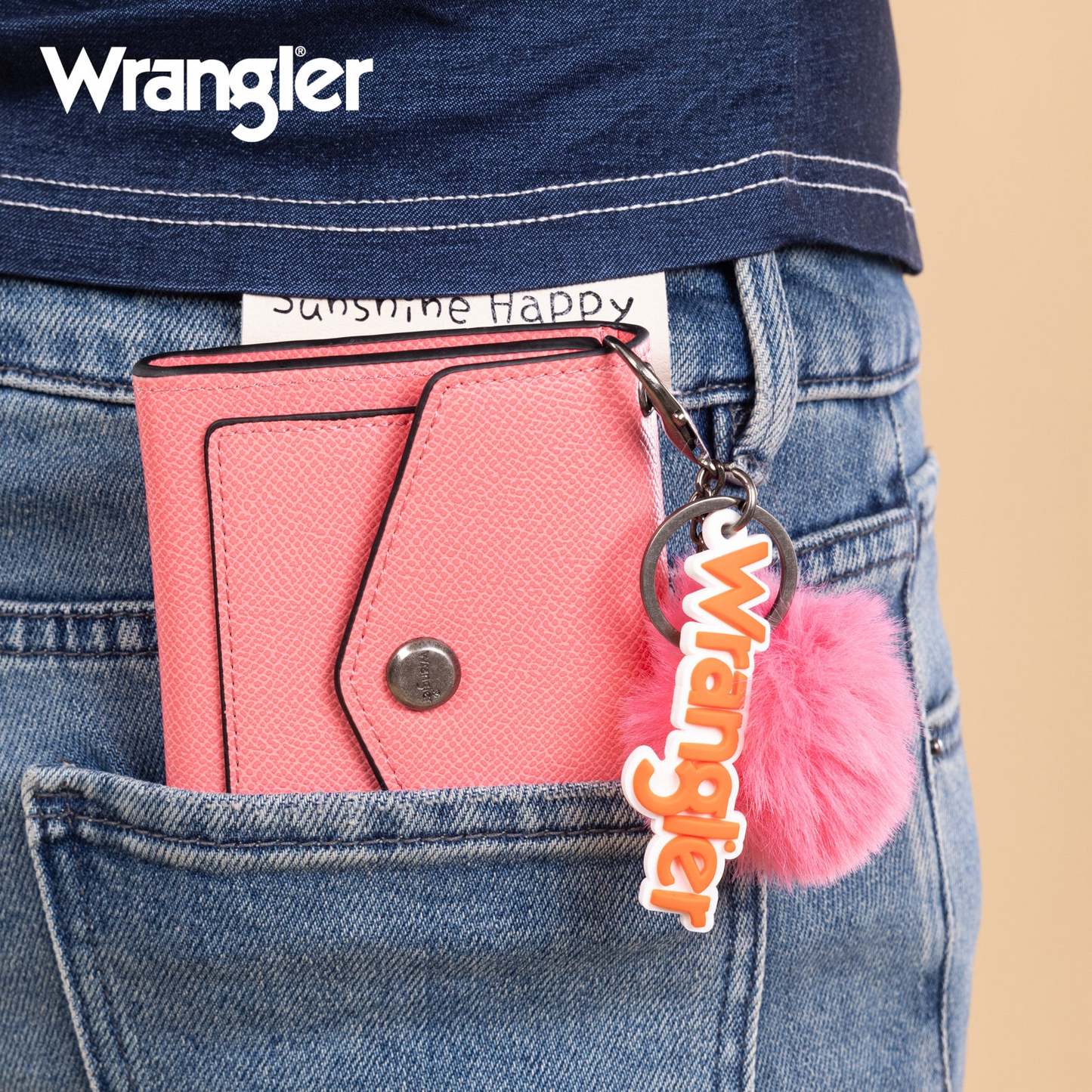 Wrangler Tri-Fold Wallet with Keyring Pom Pom - PEACH