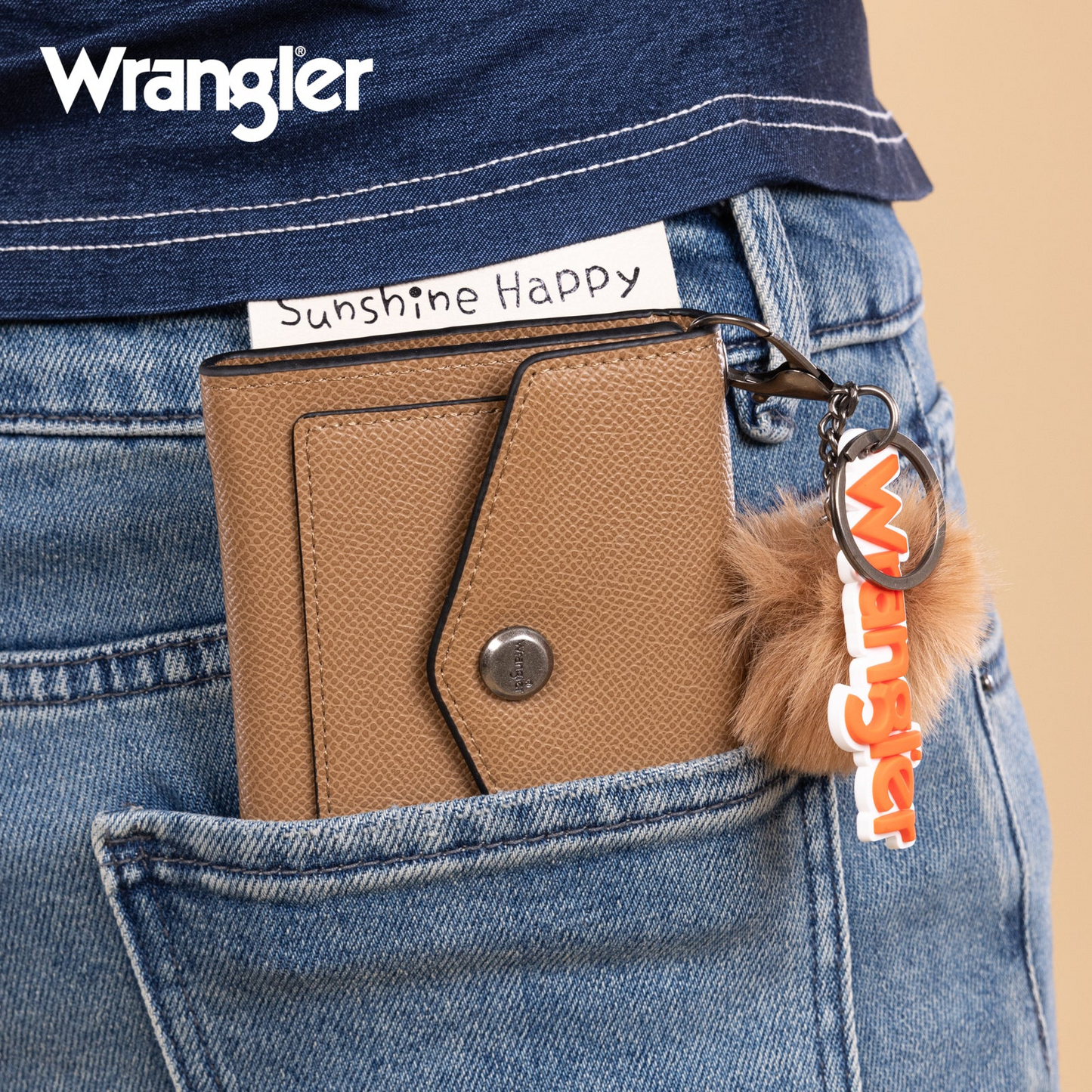 Wrangler Tri-Fold Wallet with Keyring Pom Pom - DARK KHAKI