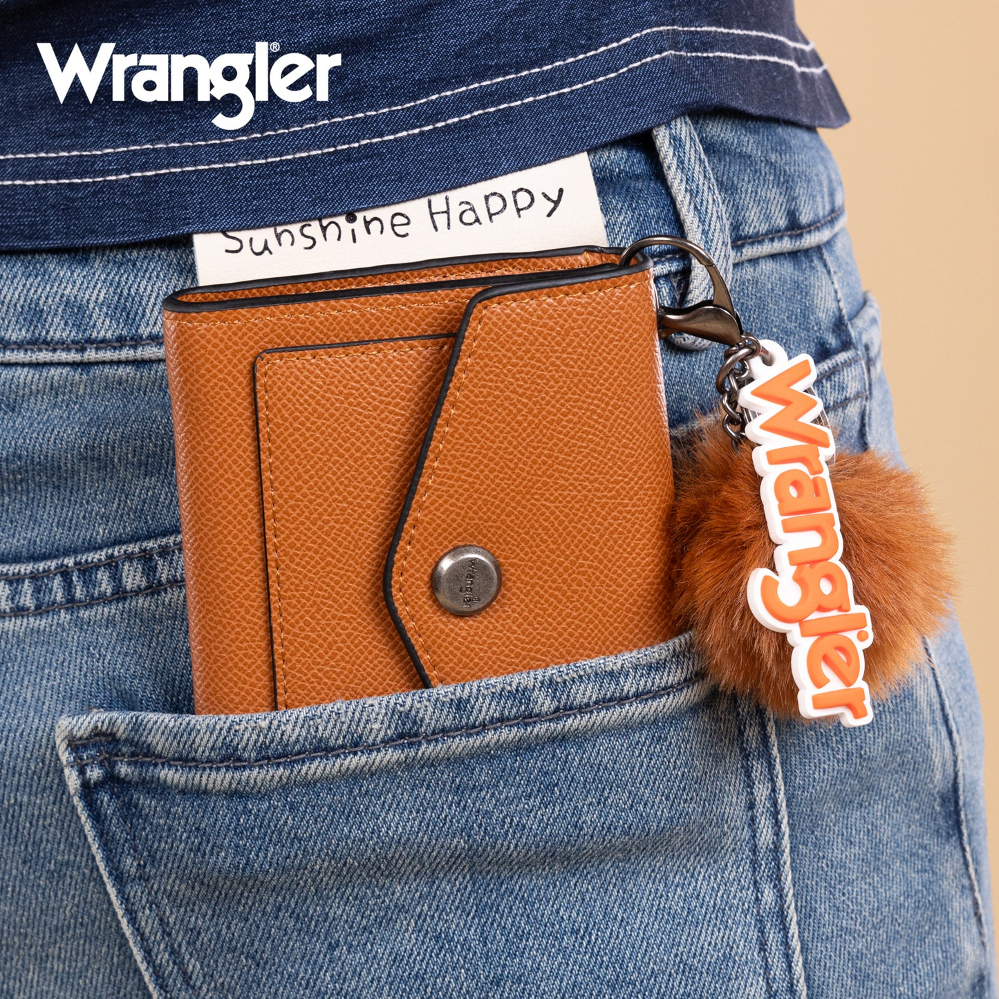 Wrangler Tri-Fold Wallet with Keyring Pom Pom - BROWN