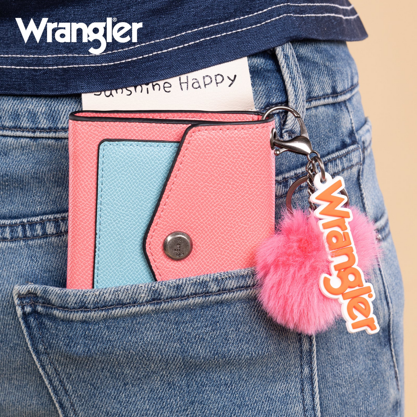 Wrangler Tri-Fold Wallet with Keyring Pom Pom - PINK/BLUE