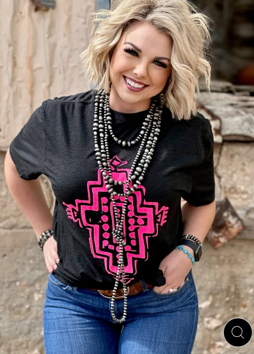 Western Aztec in Neon Pink Puff Ink T-Shirt