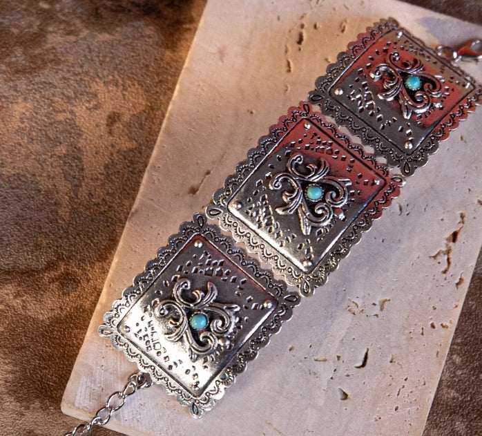 Wrangler Silver Chain Concho Cuff Bracelet Turquoise Stone - Turquoise