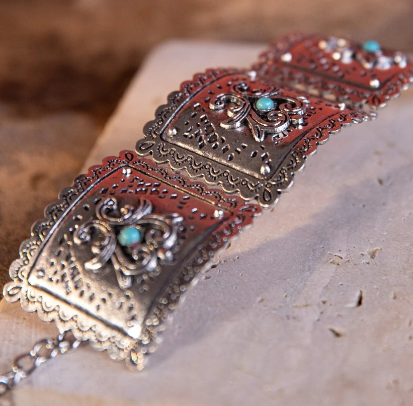 Wrangler Silver Chain Concho Cuff Bracelet Turquoise Stone - Turquoise