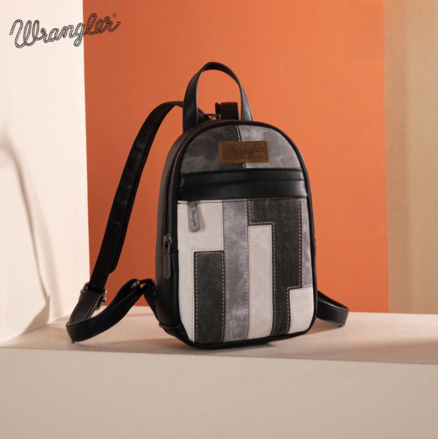 Wrangler Denim Patchwork Mini Backpack with Detachable Coin Pouch - Black