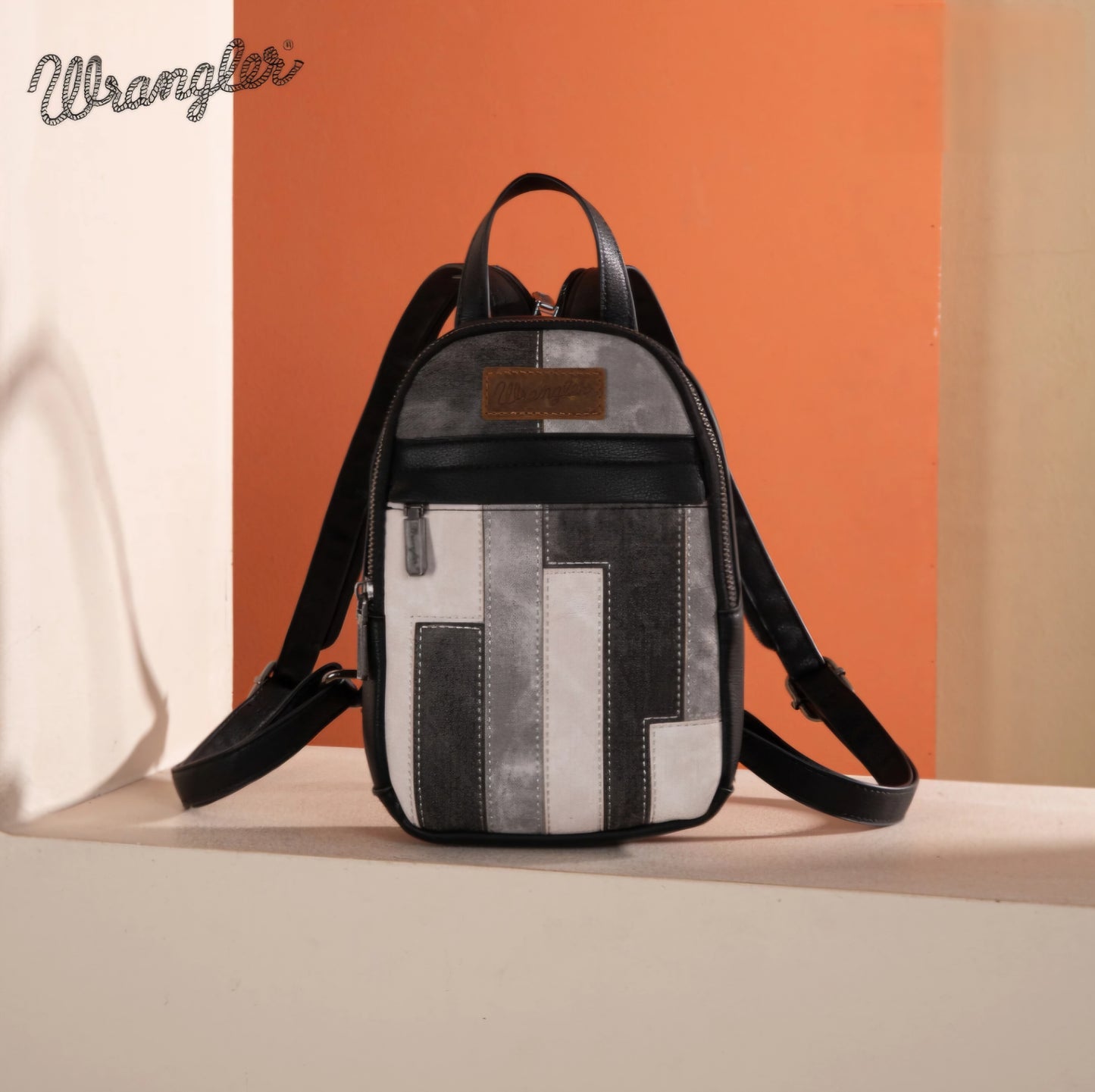 Wrangler Denim Patchwork Mini Backpack with Detachable Coin Pouch - Black