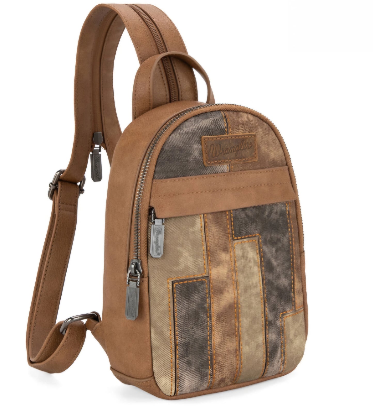 Wrangler Denim Patchwork Mini Backpack with Detachable Coin Pouch - Brown