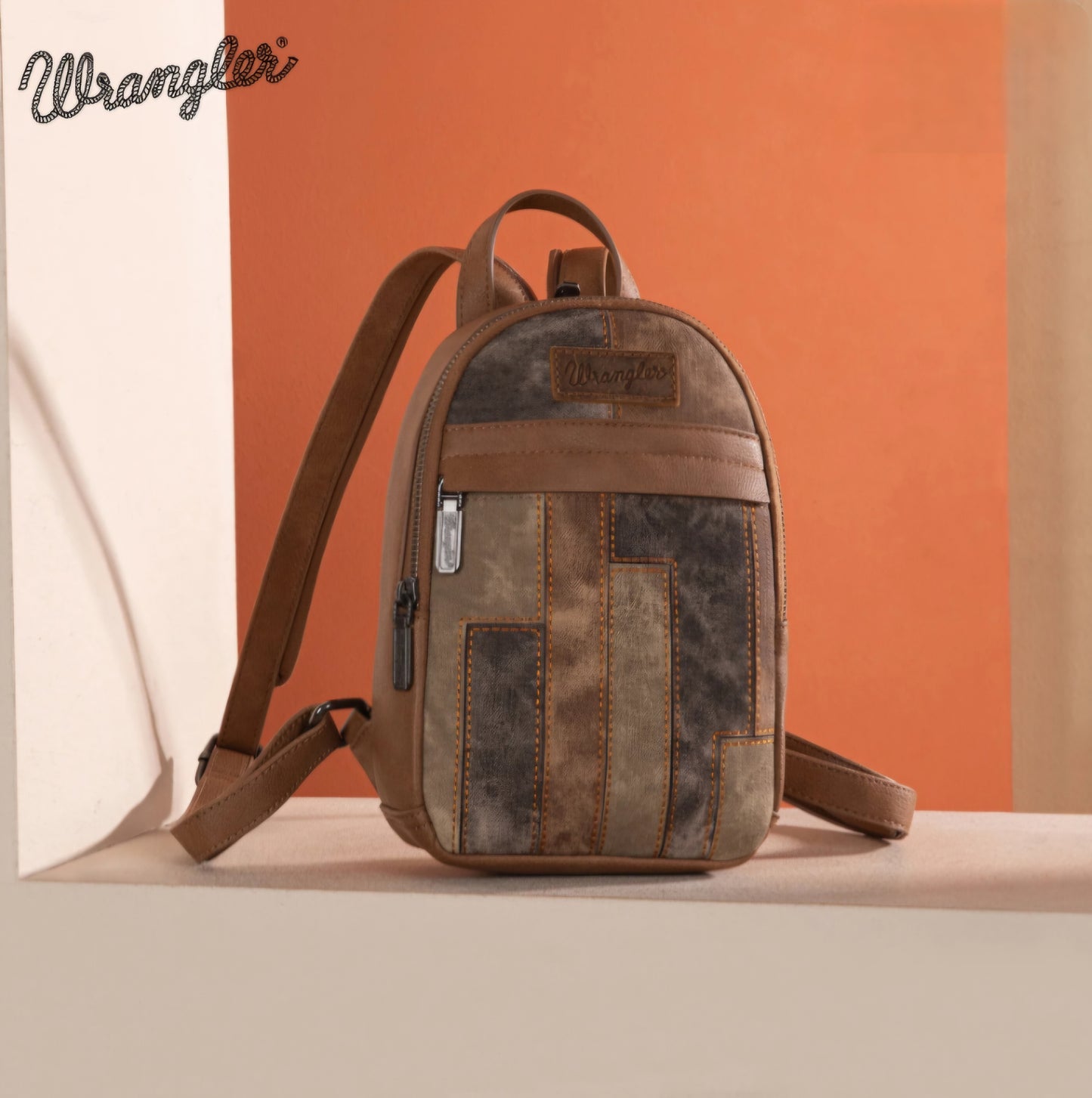Wrangler Denim Patchwork Mini Backpack with Detachable Coin Pouch - Brown