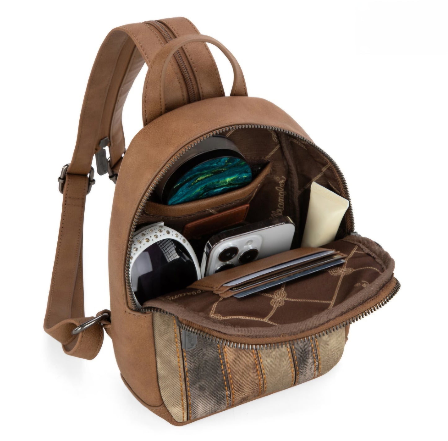 Wrangler Denim Patchwork Mini Backpack with Detachable Coin Pouch - Brown