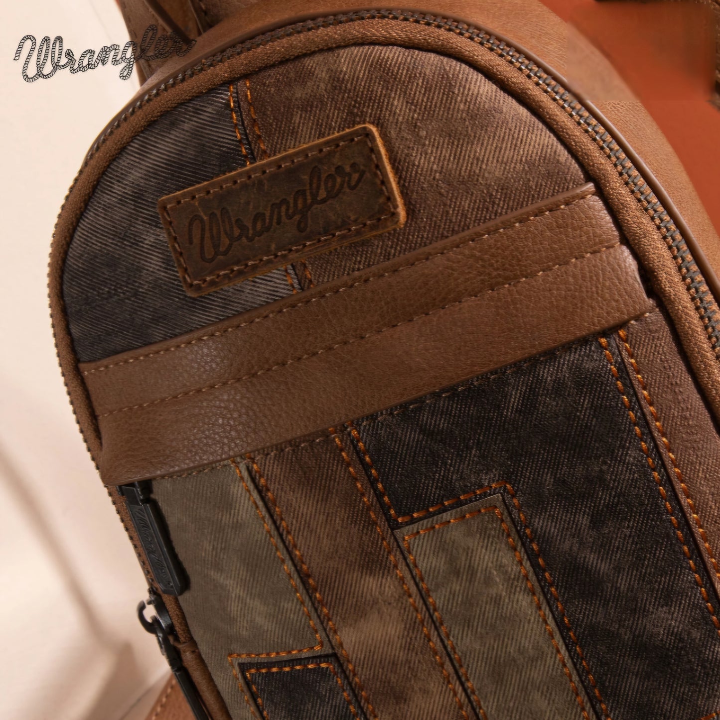 Wrangler Denim Patchwork Mini Backpack with Detachable Coin Pouch - Brown