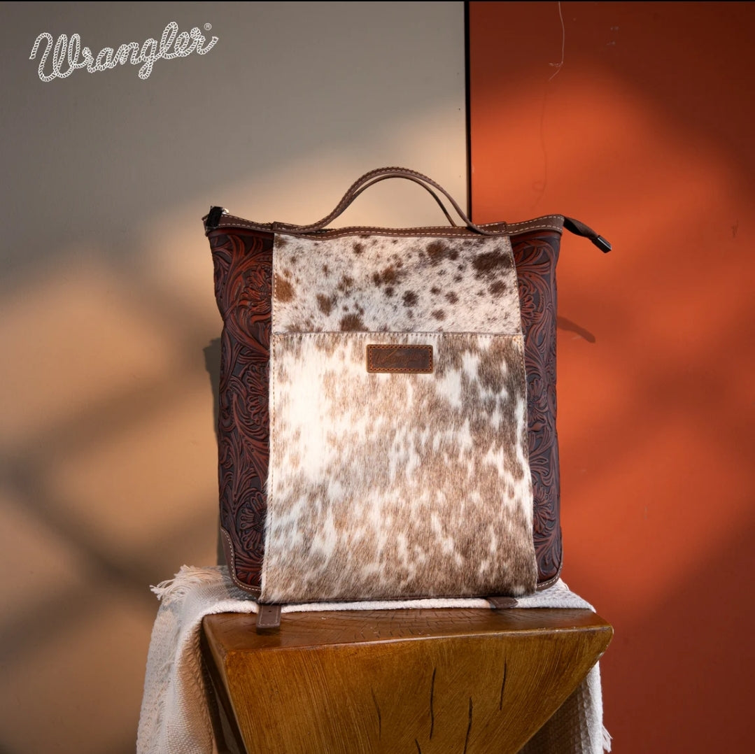 Wrangler Genuine Hair-On Cowhide Floral Tooled Convertible Backpack/Crossbody - Coffee