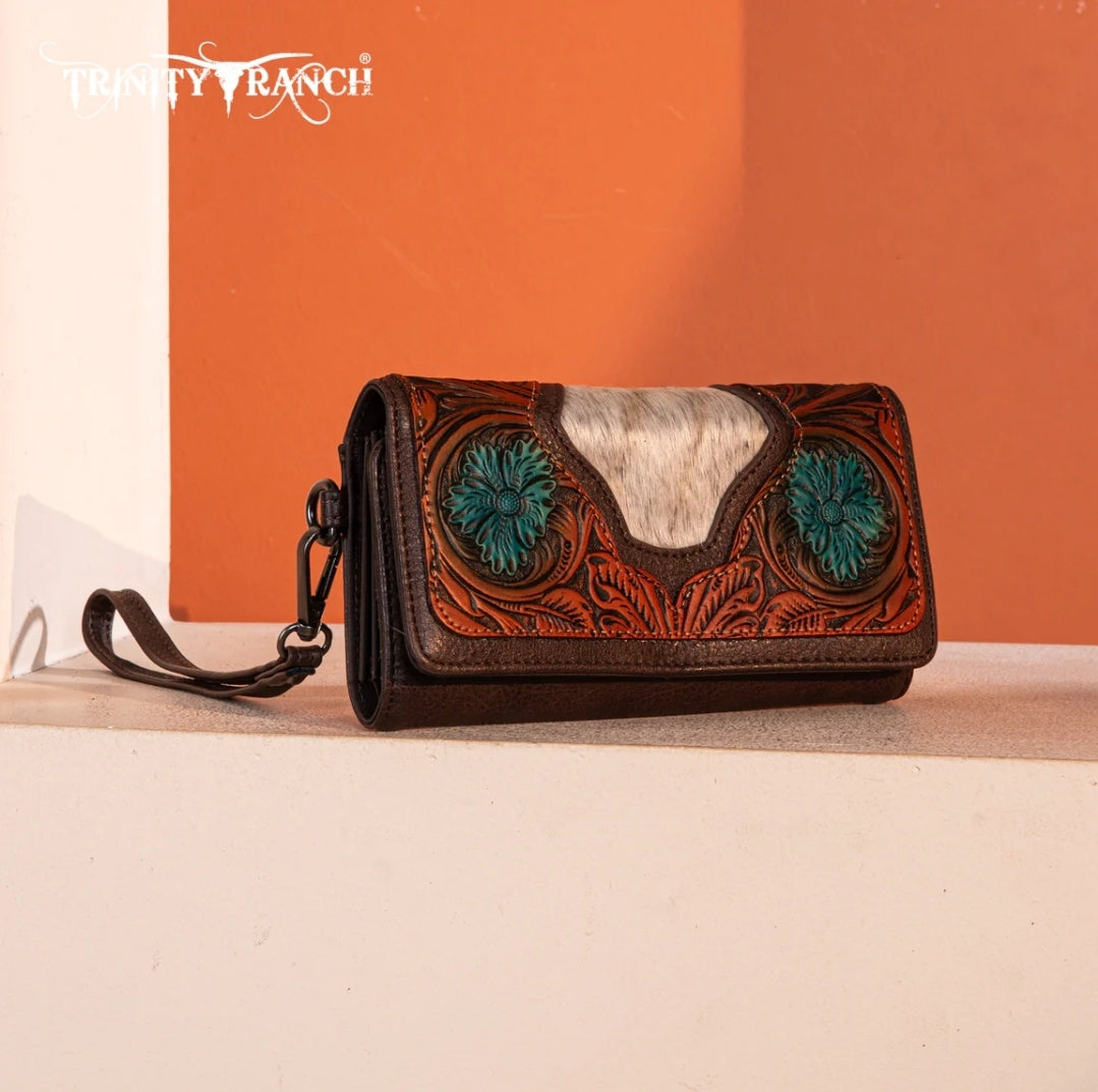 Trinity Ranch Floral Tooled and Hair-On Cowhide Collection Wallet - Coffee