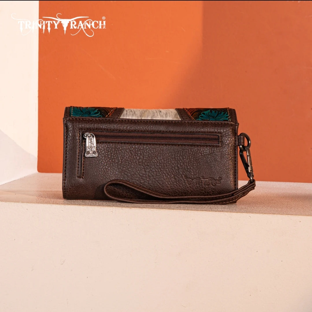 Trinity Ranch Floral Tooled and Hair-On Cowhide Collection Wallet - Coffee