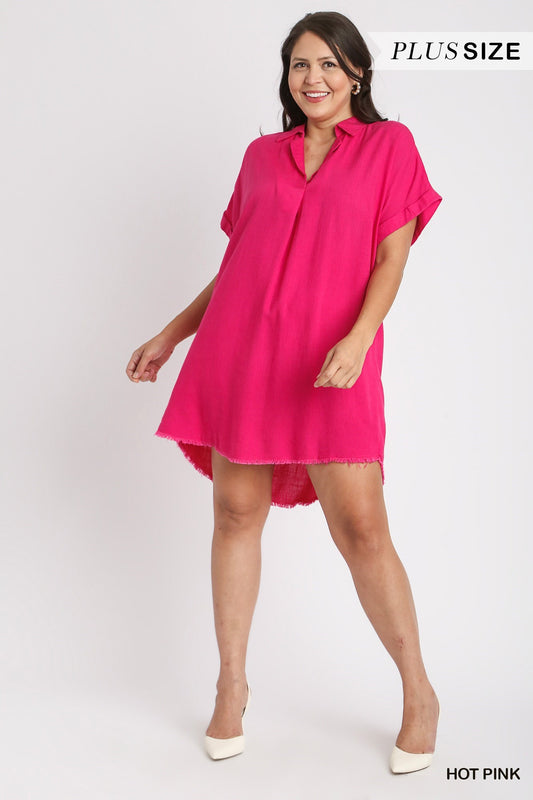 Hot Pink V-Neck Collared Dress Plus Size