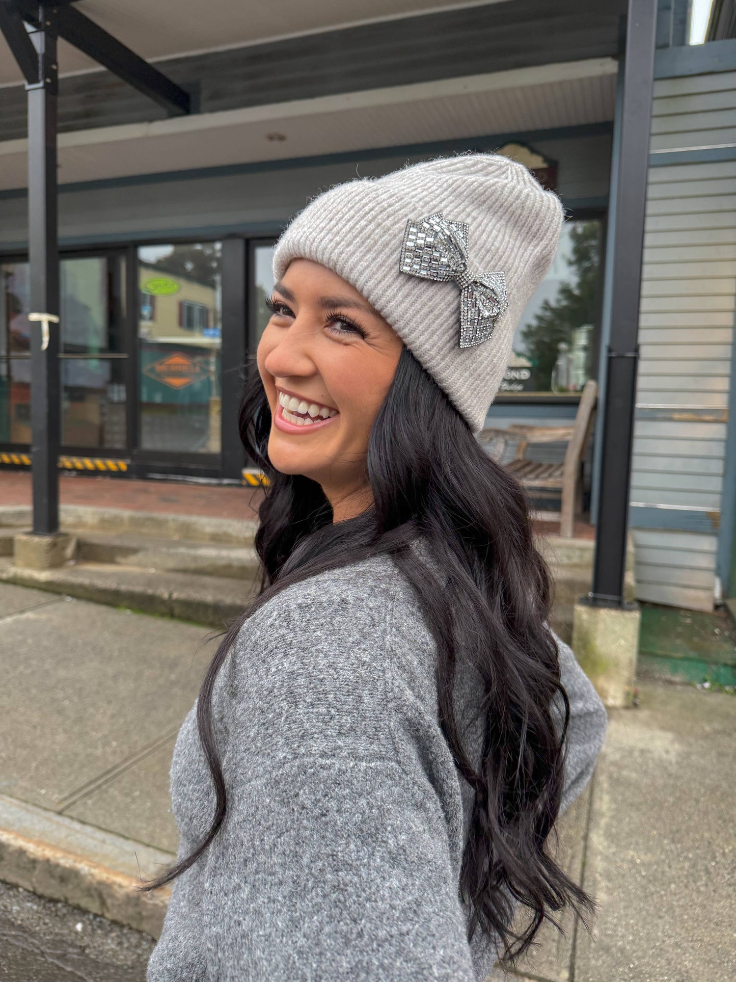 Rhinestone Bow Cuff C.C Beanie - BLACK